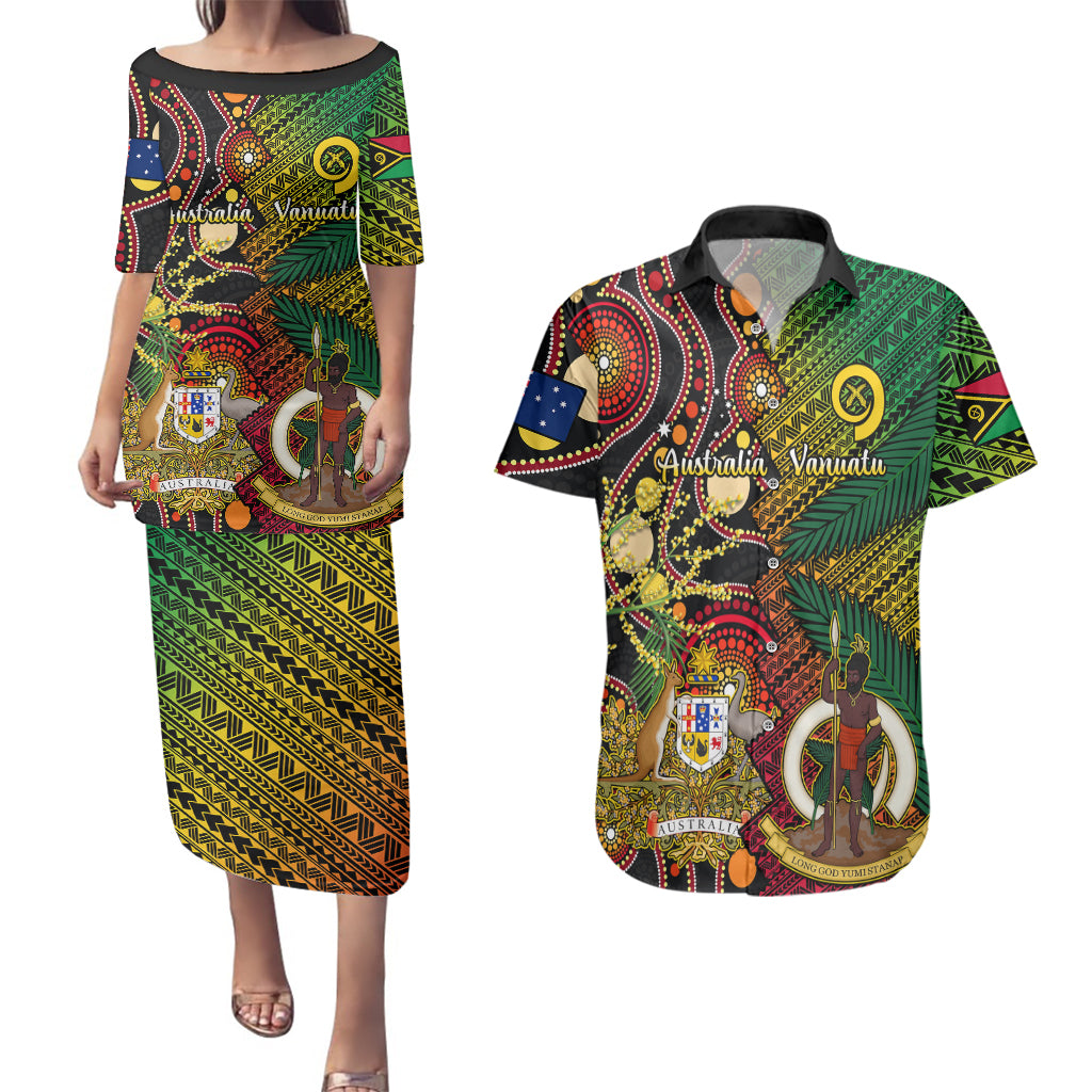 Vanuatu and Australia Couples Matching Puletasi Dress and Hawaiian Shirt Vanuatuan Polynesian Mix Aussie Aboriginal Art - Wonder Print Shop