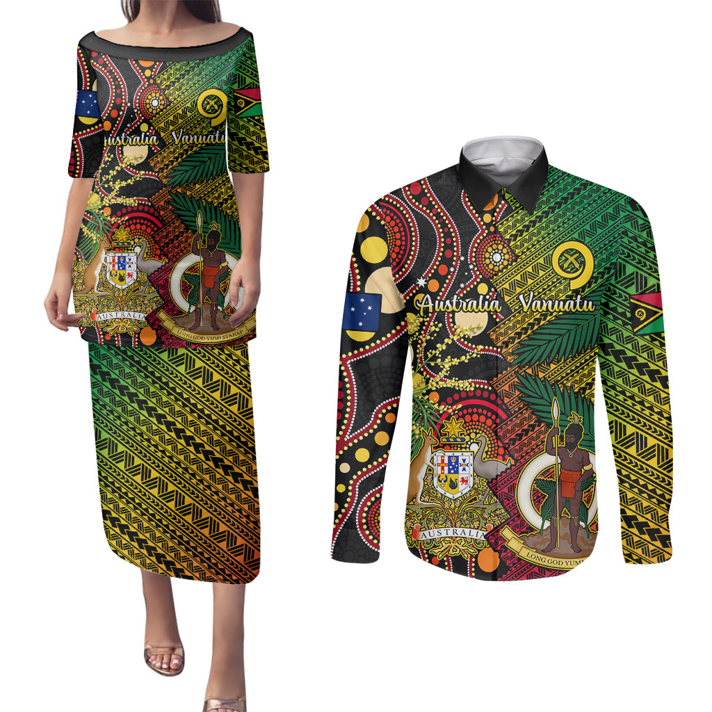 Vanuatu and Australia Couples Matching Puletasi Dress and Long Sleeve Button Shirts Vanuatuan Polynesian Mix Aussie Aboriginal Art - Wonder Print Shop