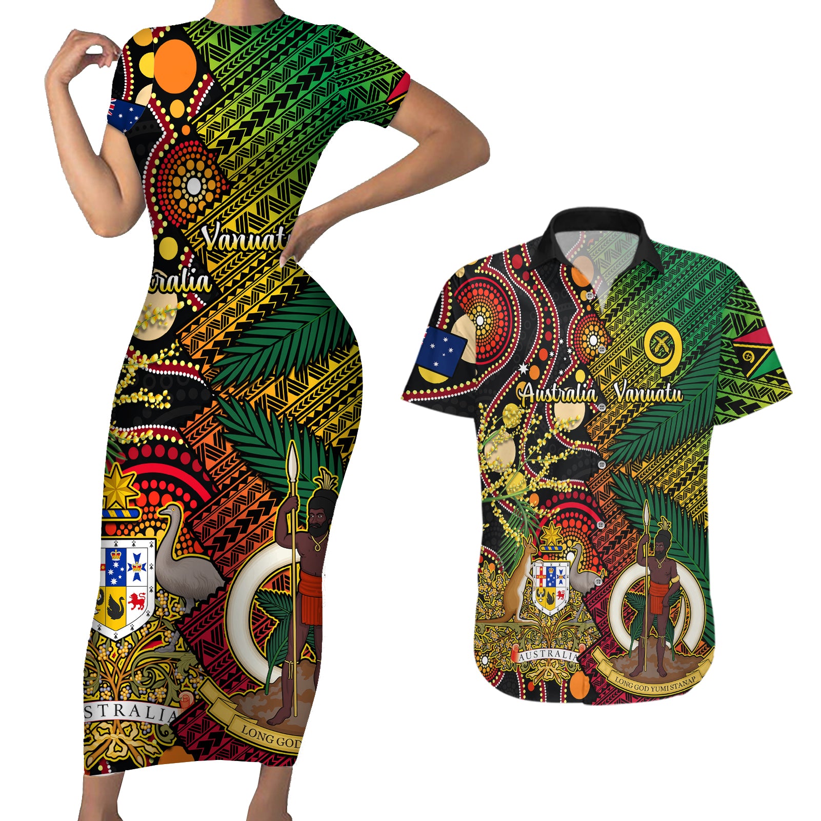 Vanuatu and Australia Couples Matching Short Sleeve Bodycon Dress and Hawaiian Shirt Vanuatuan Polynesian Mix Aussie Aboriginal Art - Wonder Print Shop