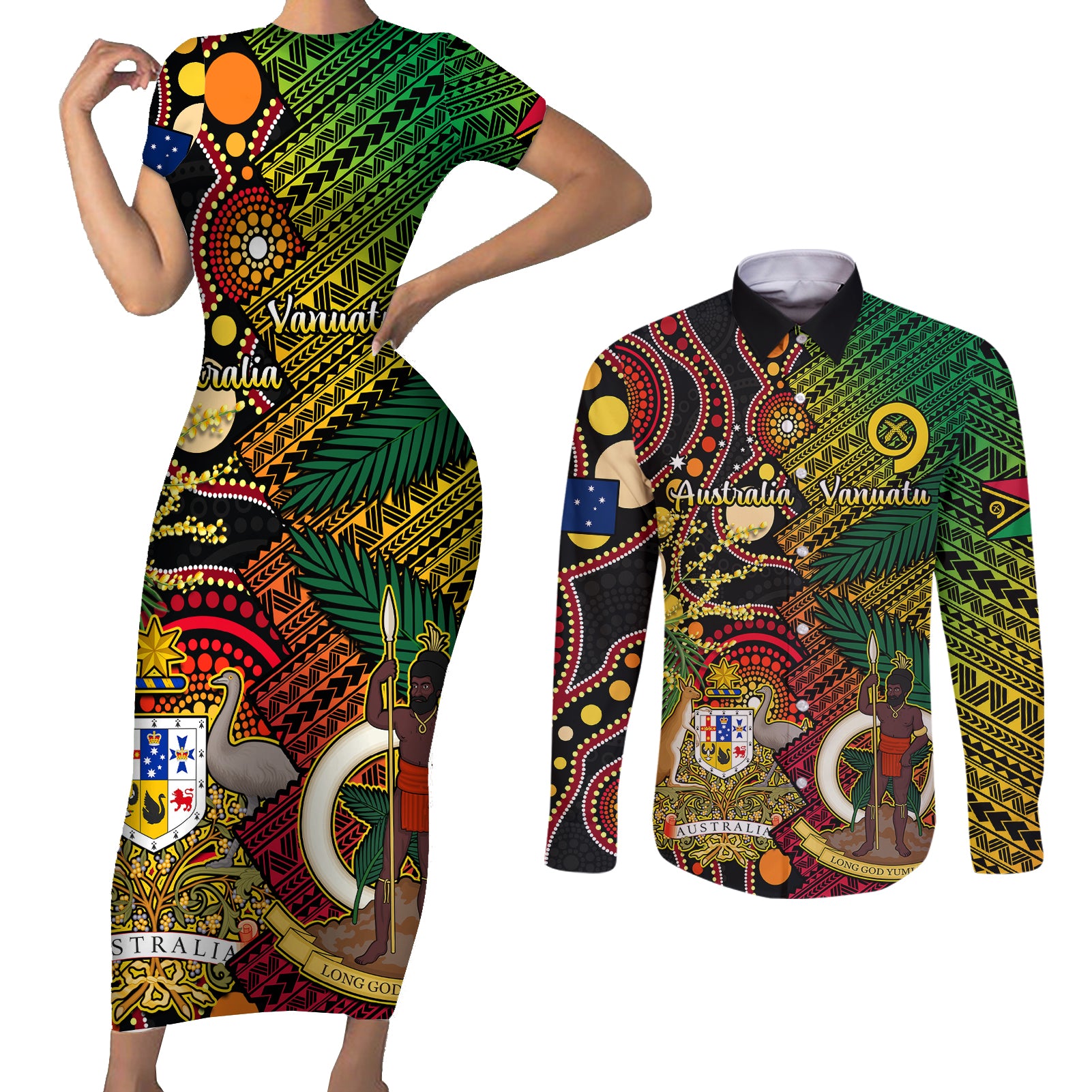 Vanuatu and Australia Couples Matching Short Sleeve Bodycon Dress and Long Sleeve Button Shirts Vanuatuan Polynesian Mix Aussie Aboriginal Art - Wonder Print Shop