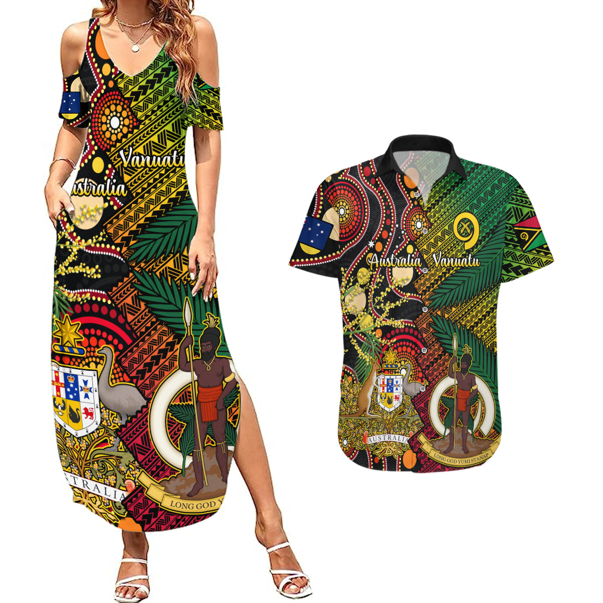 Vanuatu and Australia Couples Matching Summer Maxi Dress and Hawaiian Shirt Vanuatuan Polynesian Mix Aussie Aboriginal Art - Wonder Print Shop