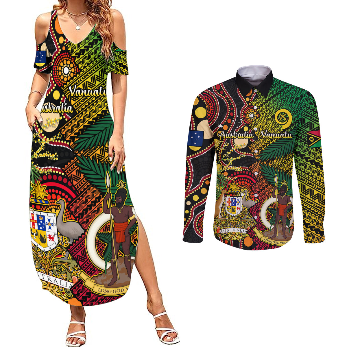 Vanuatu and Australia Couples Matching Summer Maxi Dress and Long Sleeve Button Shirts Vanuatuan Polynesian Mix Aussie Aboriginal Art - Wonder Print Shop