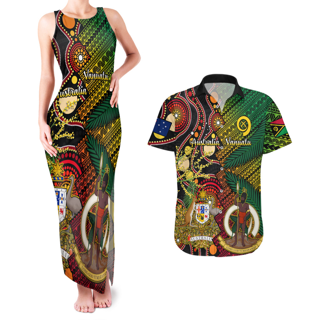 Vanuatu and Australia Couples Matching Tank Maxi Dress And Hawaiian Shirt Vanuatuan Polynesian Mix Aussie Aboriginal Art - Wonder Print Shop