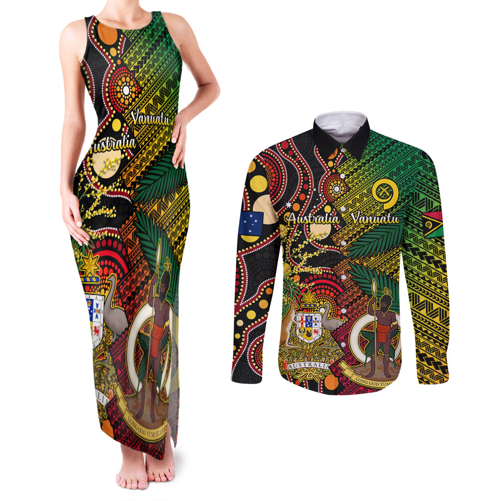 Vanuatu and Australia Couples Matching Tank Maxi Dress and Long Sleeve Button Shirts Vanuatuan Polynesian Mix Aussie Aboriginal Art - Wonder Print Shop