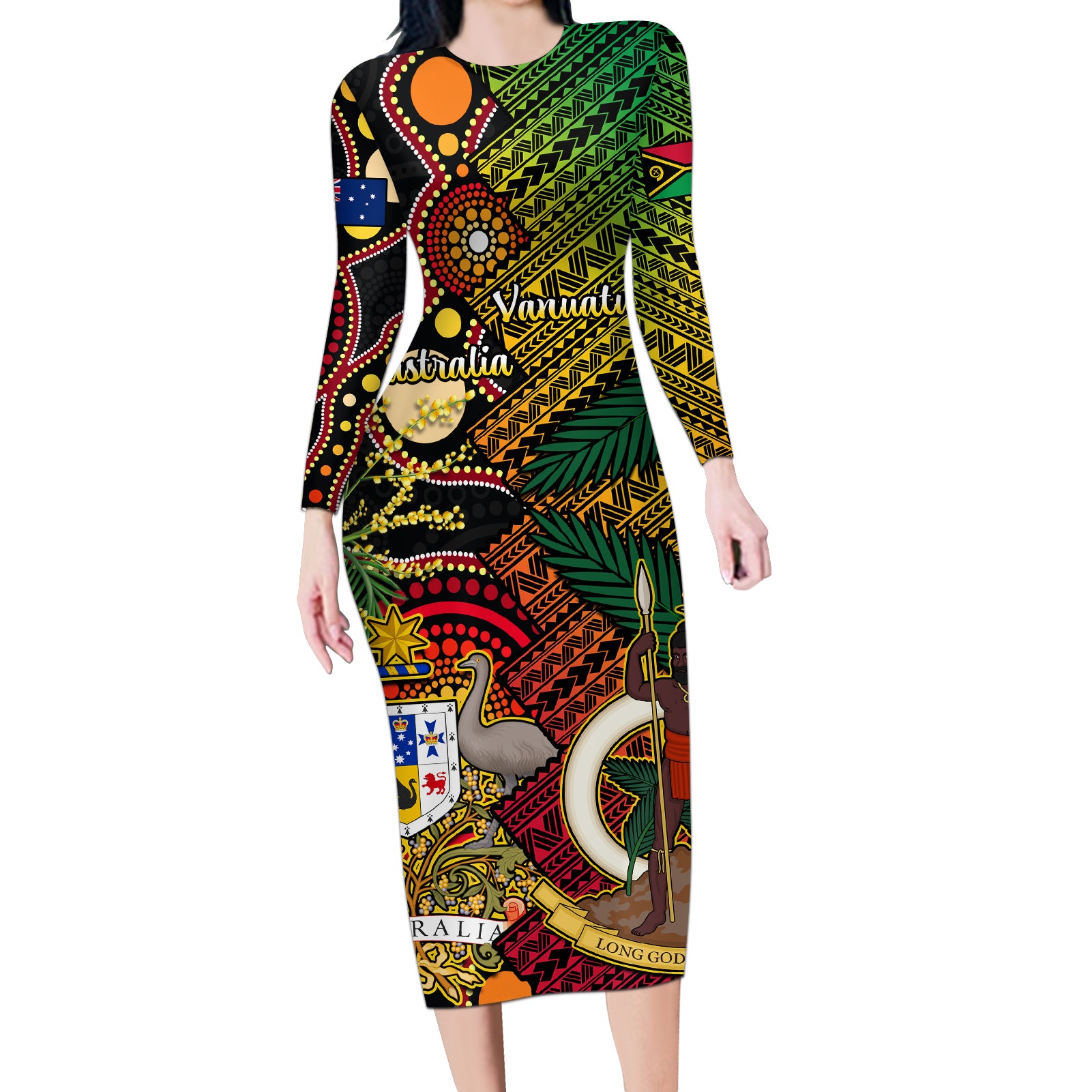 Vanuatu and Australia Long Sleeve Bodycon Dress Vanuatuan Polynesian Mix Aussie Aboriginal Art - Wonder Print Shop