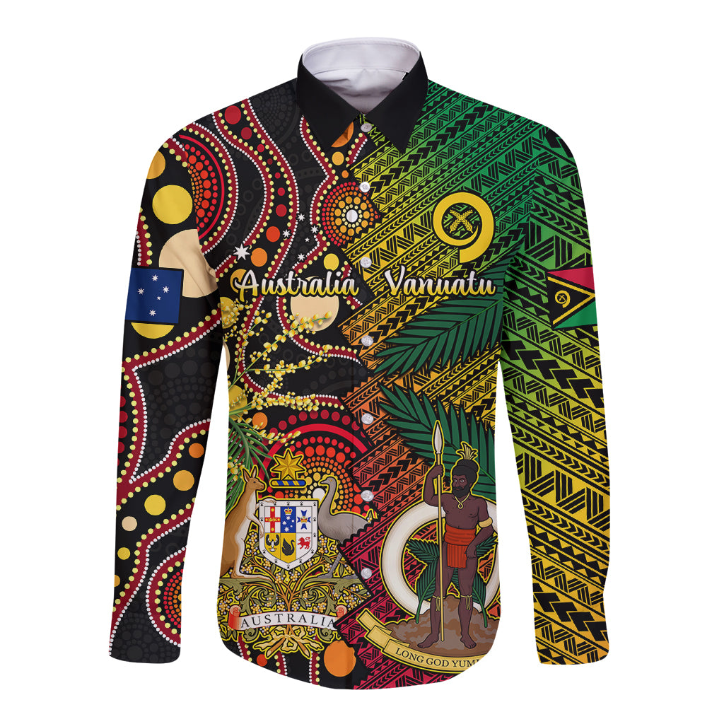 Long sleeve button shirt in dark base with colorful Polynesian art print