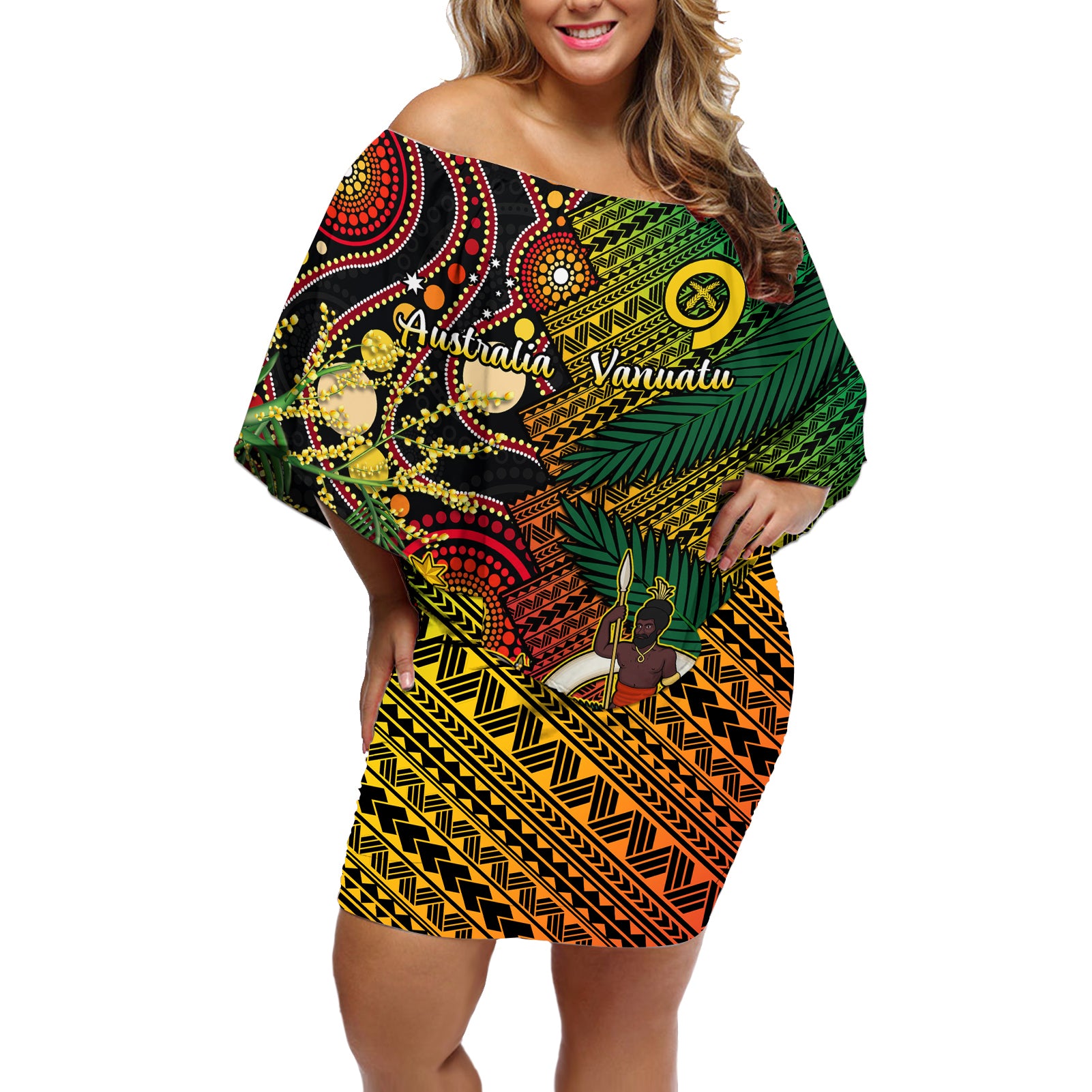 Vanuatu and Australia Off Shoulder Short Dress Vanuatuan Polynesian Mix Aussie Aboriginal Art - Wonder Print Shop