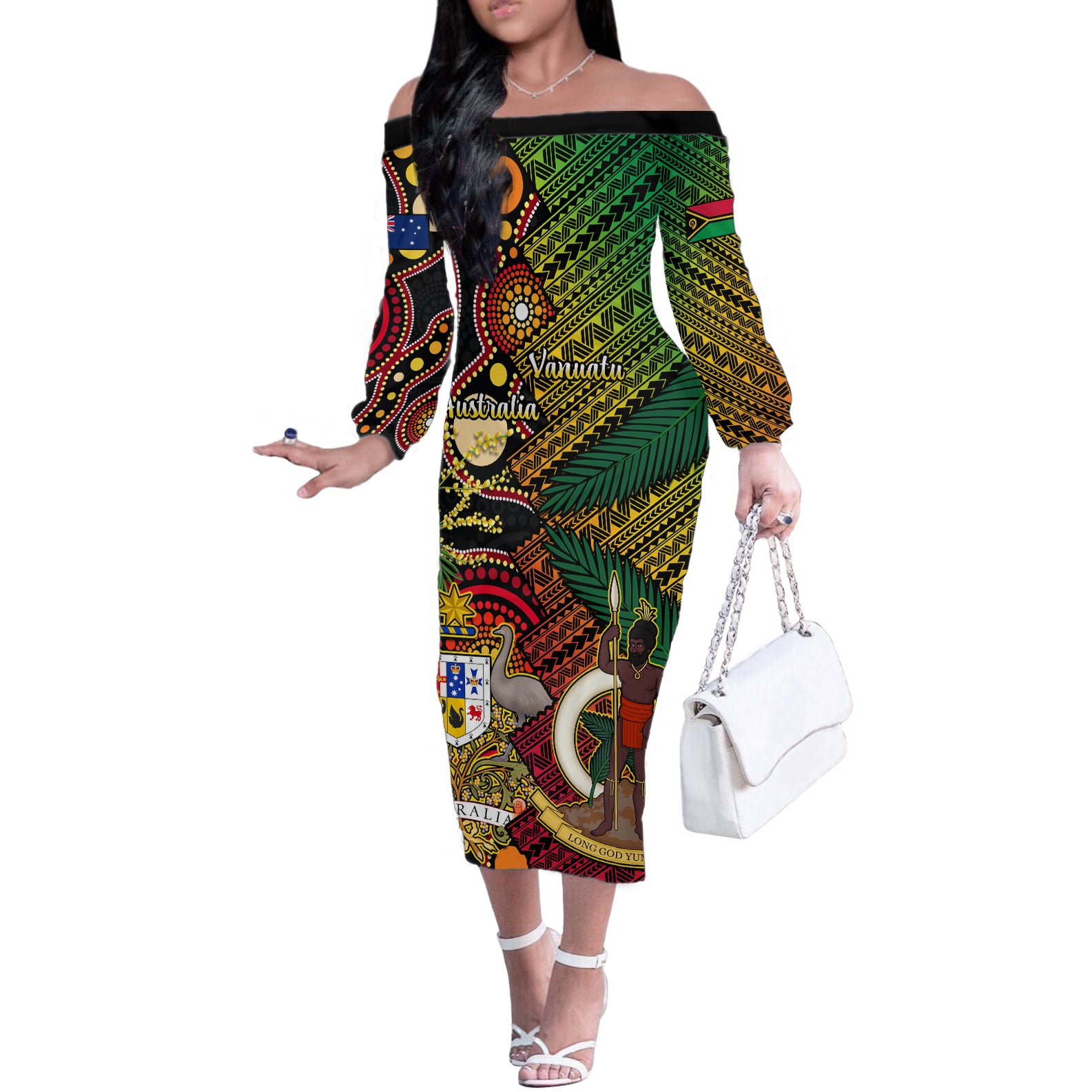 Vanuatu and Australia Off The Shoulder Long Sleeve Dress Vanuatuan Polynesian Mix Aussie Aboriginal Art - Wonder Print Shop