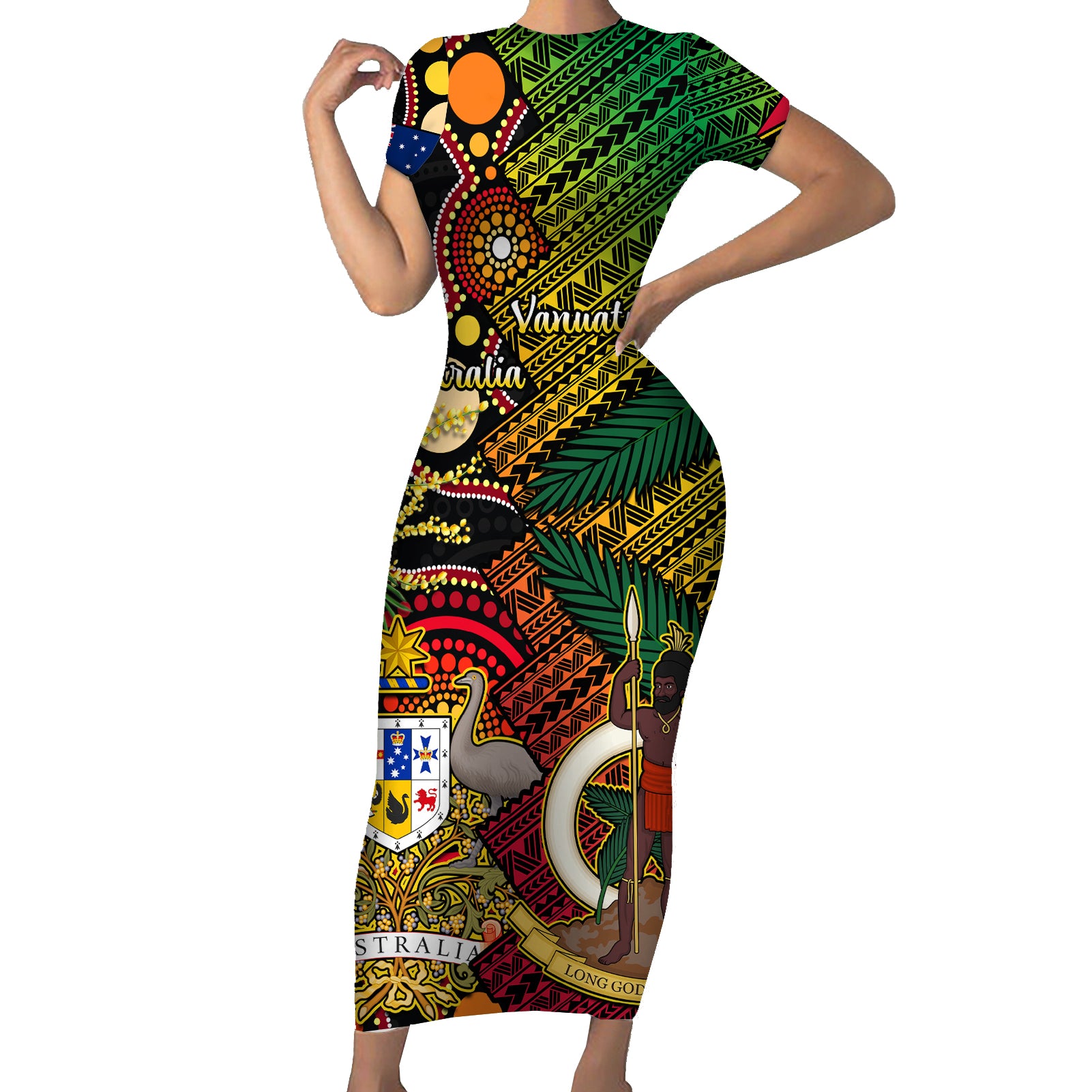 Vanuatu and Australia Short Sleeve Bodycon Dress Vanuatuan Polynesian Mix Aussie Aboriginal Art - Wonder Print Shop