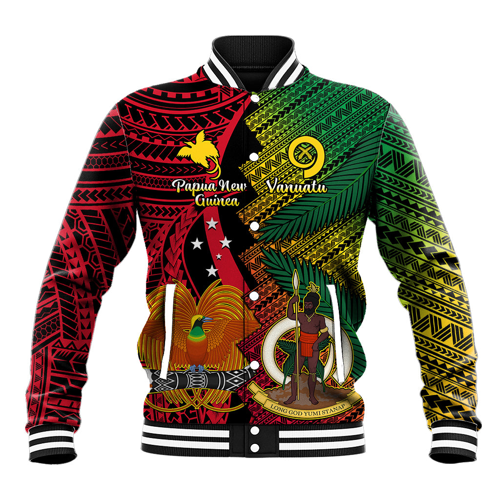 Unisex baseball jacket with black ribbed collar, button front, multicolor tribal print