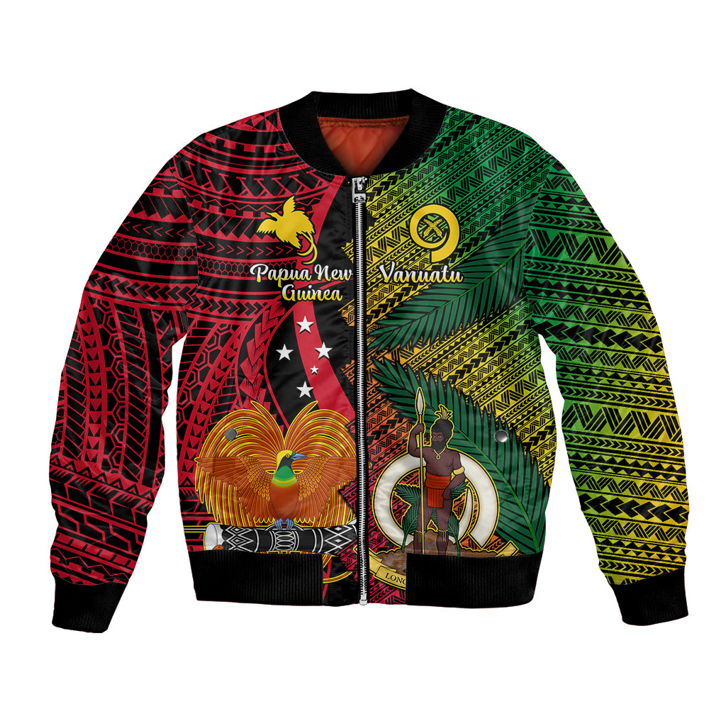 Unisex bomber jacket with black base and red-green Polynesian graphic front, zip