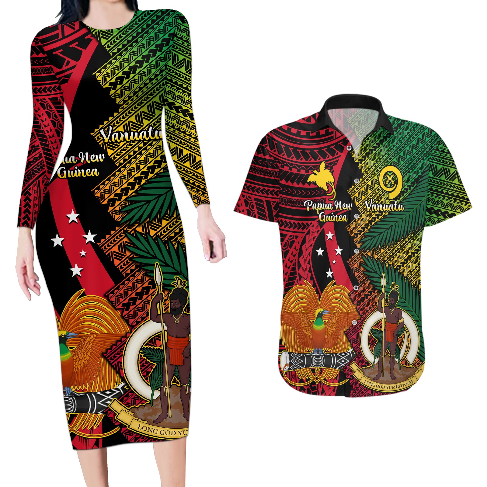 Vanuatu and Papua New Guinea Couples Matching Long Sleeve Bodycon Dress and Hawaiian Shirt Vanuatuan With PNG Polynesian Pattern - Wonder Print Shop