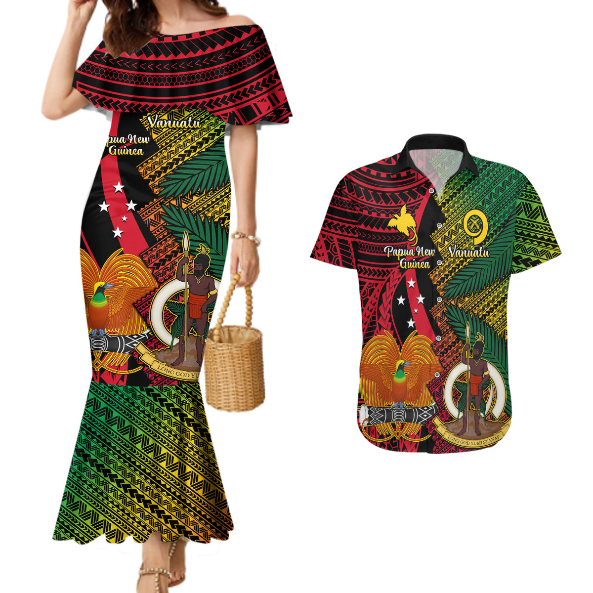 Vanuatu and Papua New Guinea Couples Matching Mermaid Dress And Hawaiian Shirt Vanuatuan With PNG Polynesian Pattern - Wonder Print Shop