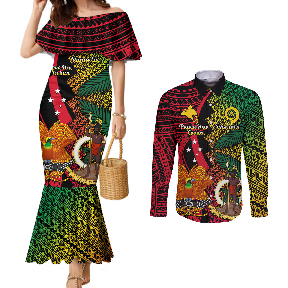 vanuatu-and-papua-new-guinea-couples-matching-mermaid-dress-and-long-sleeve-button-shirts-vanuatuan-with-png-polynesian-pattern