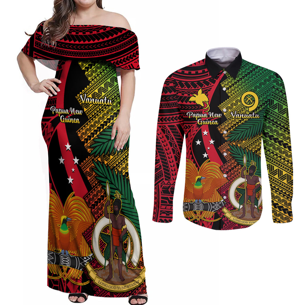 Vanuatu and Papua New Guinea Couples Matching Off Shoulder Maxi Dress and Long Sleeve Button Shirts Vanuatuan With PNG Polynesian Pattern - Wonder Print Shop