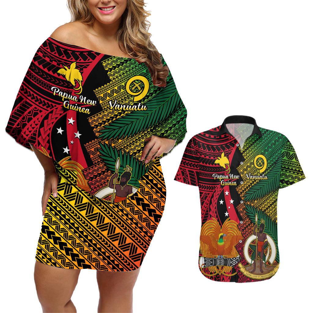 Vanuatu and Papua New Guinea Couples Matching Off Shoulder Short Dress and Hawaiian Shirt Vanuatuan With PNG Polynesian Pattern - Wonder Print Shop