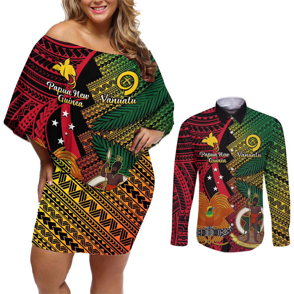 Vanuatu and Papua New Guinea Couples Matching Off Shoulder Short Dress and Long Sleeve Button Shirts Vanuatuan With PNG Polynesian Pattern - Wonder Print Shop