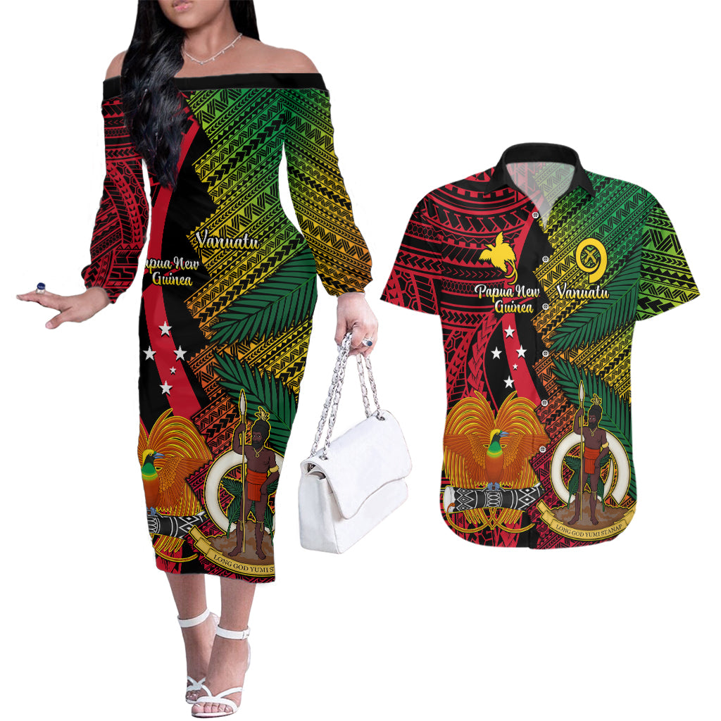 Vanuatu and Papua New Guinea Couples Matching Off The Shoulder Long Sleeve Dress and Hawaiian Shirt Vanuatuan With PNG Polynesian Pattern - Wonder Print Shop