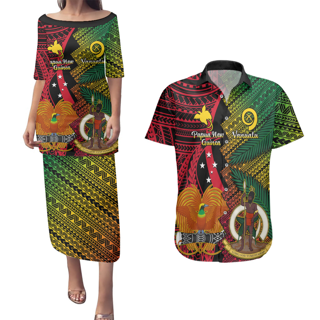 Vanuatu and Papua New Guinea Couples Matching Puletasi Dress and Hawaiian Shirt Vanuatuan With PNG Polynesian Pattern - Wonder Print Shop