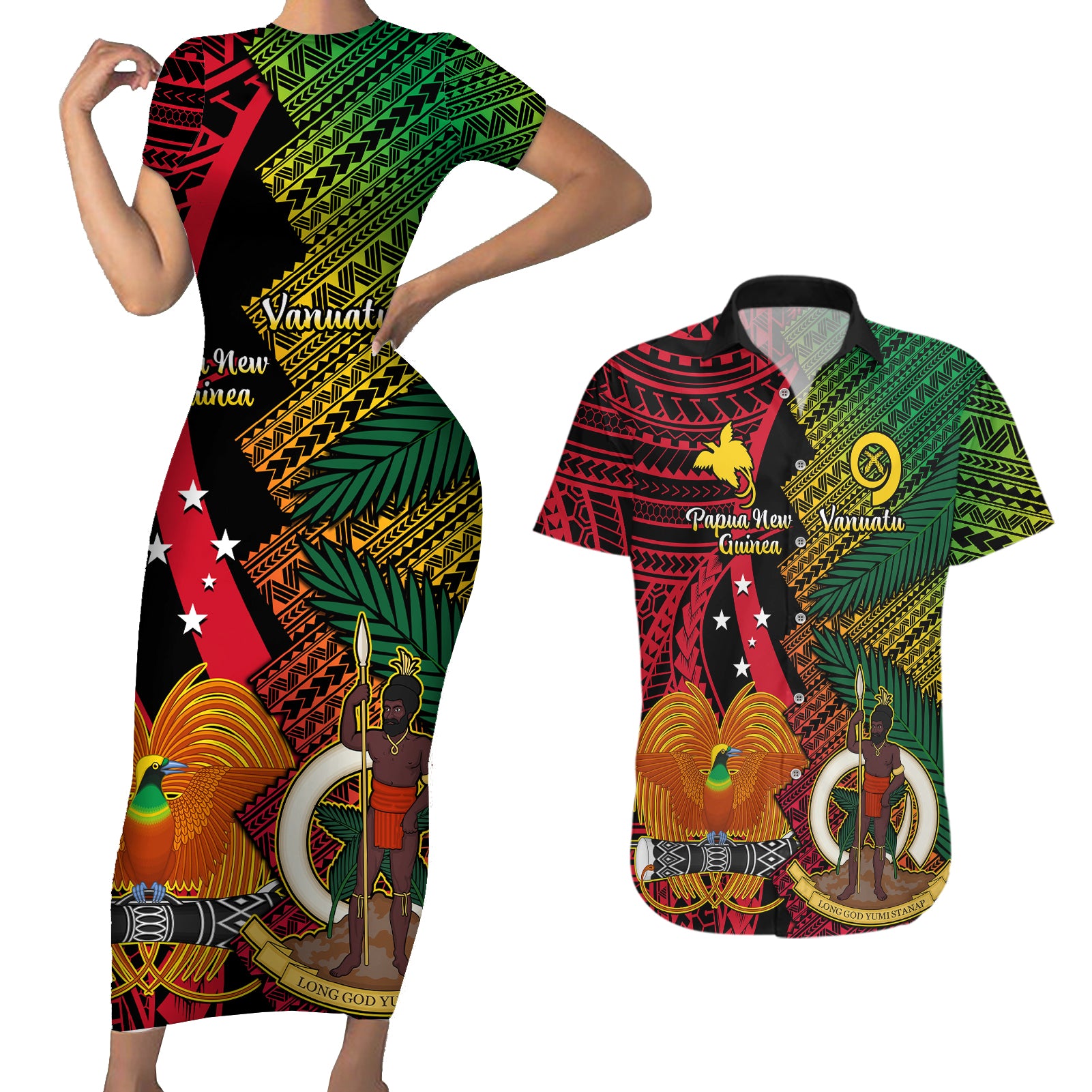 Vanuatu and Papua New Guinea Couples Matching Short Sleeve Bodycon Dress and Hawaiian Shirt Vanuatuan With PNG Polynesian Pattern - Wonder Print Shop