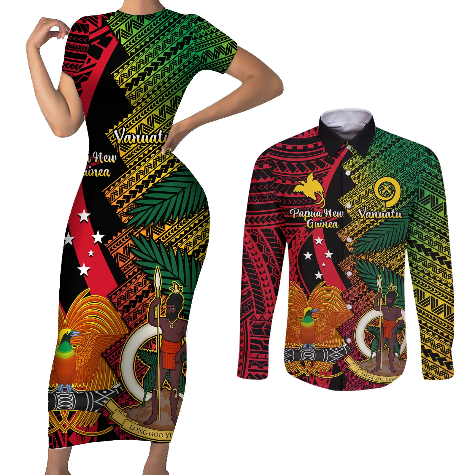 Vanuatu and Papua New Guinea Couples Matching Short Sleeve Bodycon Dress and Long Sleeve Button Shirts Vanuatuan With PNG Polynesian Pattern - Wonder Print Shop