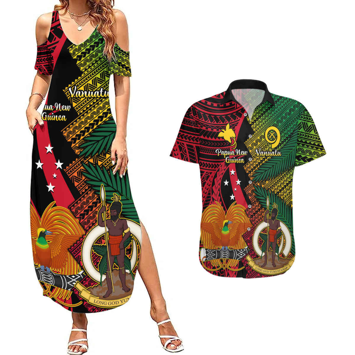 Vanuatu and Papua New Guinea Couples Matching Summer Maxi Dress and Hawaiian Shirt Vanuatuan With PNG Polynesian Pattern - Wonder Print Shop