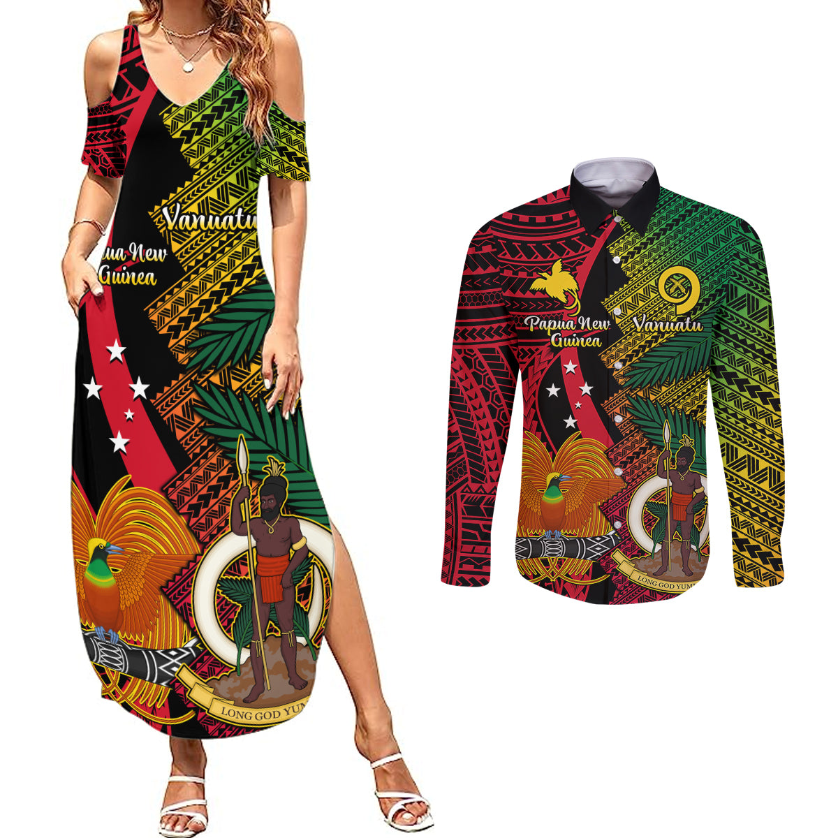 Vanuatu and Papua New Guinea Couples Matching Summer Maxi Dress and Long Sleeve Button Shirts Vanuatuan With PNG Polynesian Pattern - Wonder Print Shop