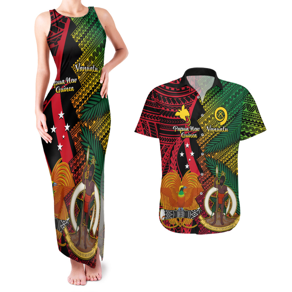 Vanuatu and Papua New Guinea Couples Matching Tank Maxi Dress And Hawaiian Shirt Vanuatuan With PNG Polynesian Pattern - Wonder Print Shop