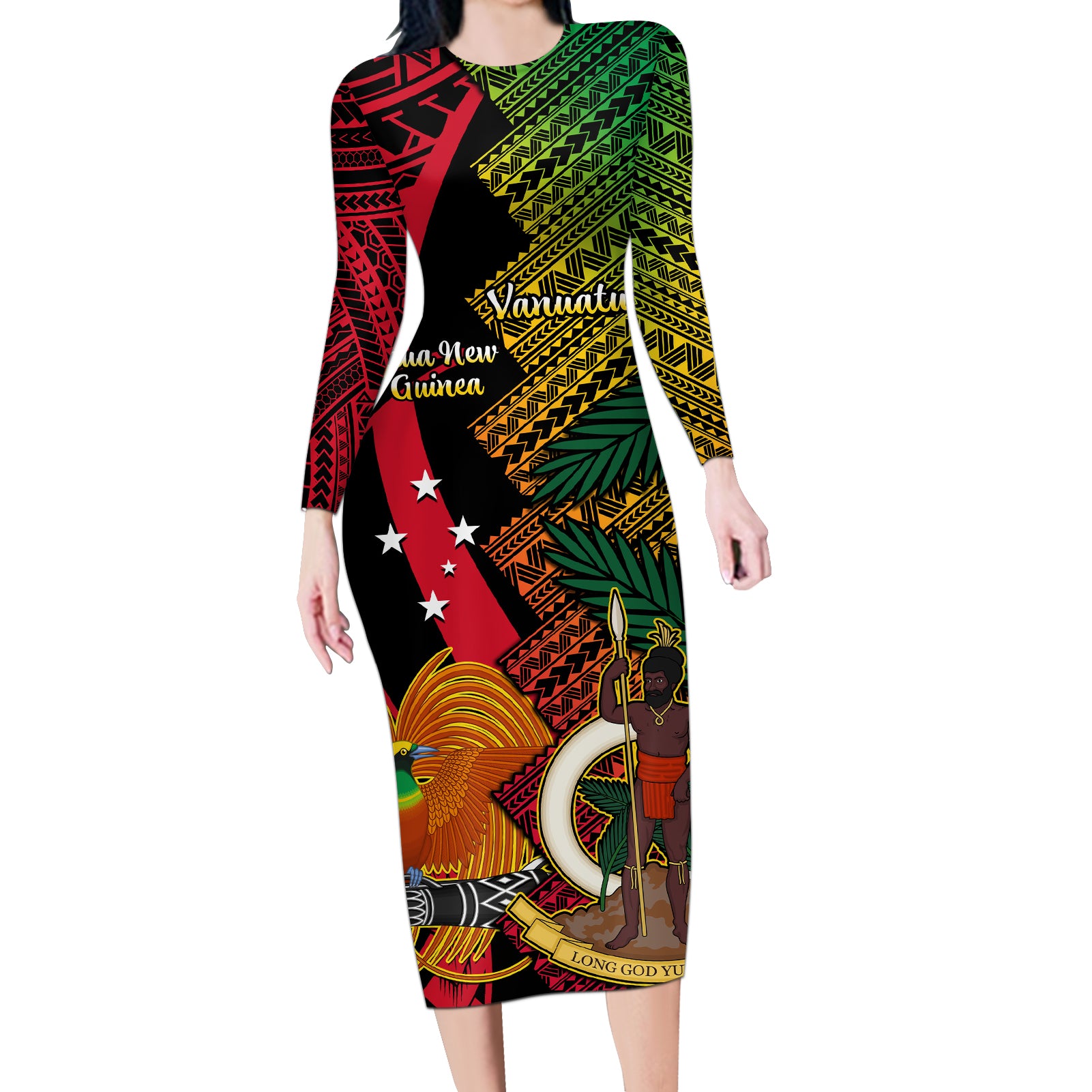 Vanuatu and Papua New Guinea Long Sleeve Bodycon Dress Vanuatuan With PNG Polynesian Pattern - Wonder Print Shop