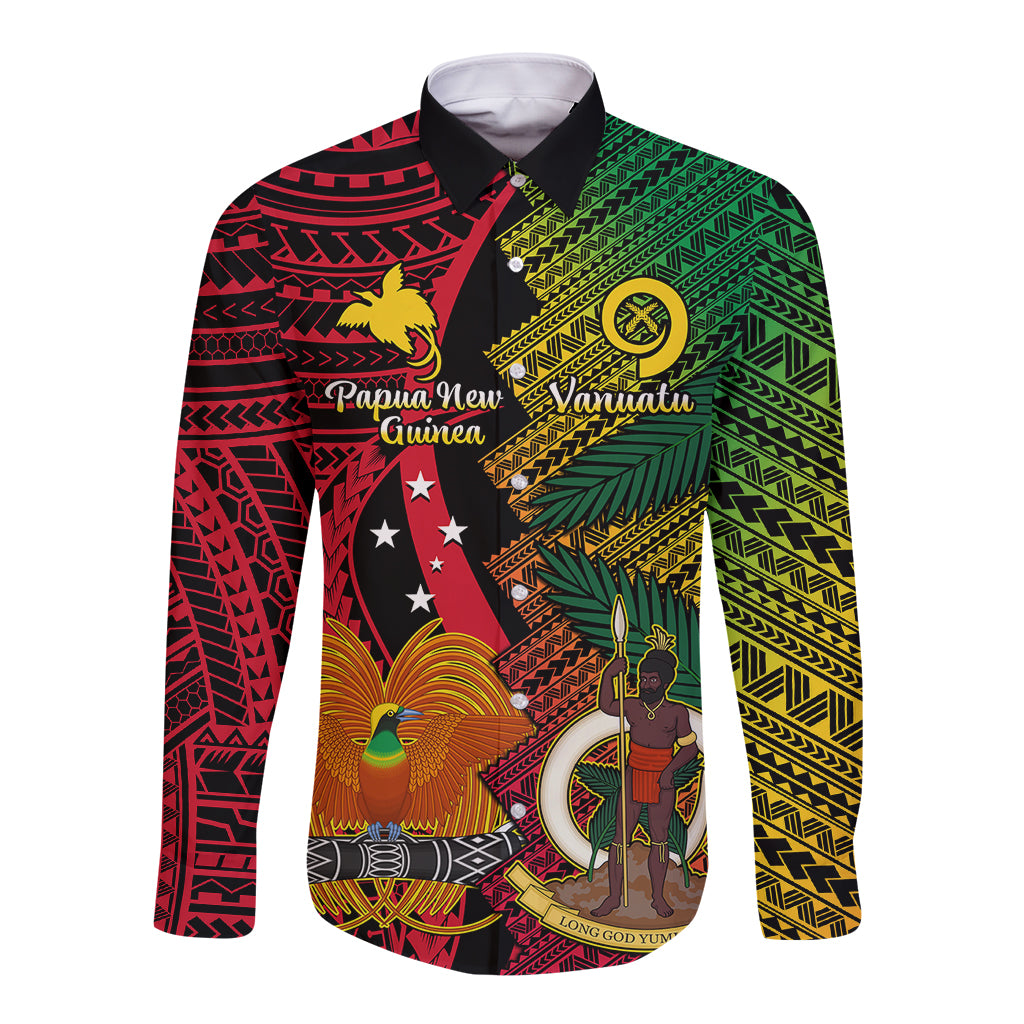 Black long-sleeve button shirt with red, green, yellow Polynesian tribal print
