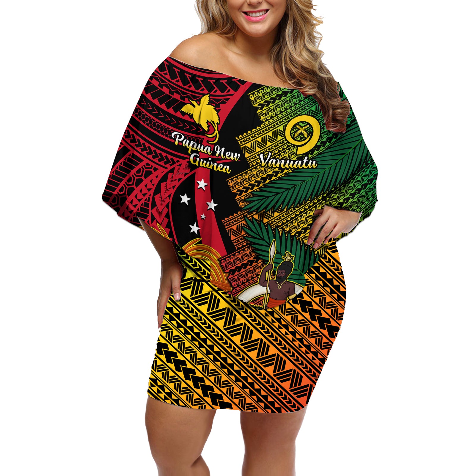 Vanuatu and Papua New Guinea Off Shoulder Short Dress Vanuatuan With PNG Polynesian Pattern - Wonder Print Shop