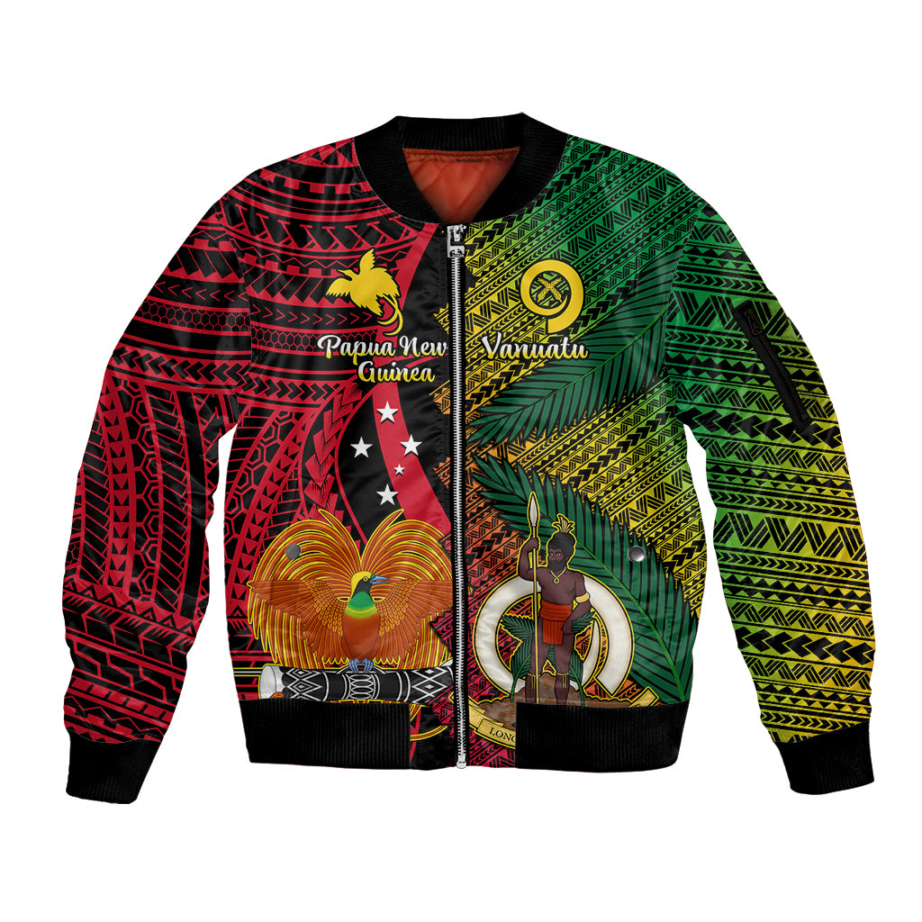 Vanuatu and Papua New Guinea Sleeve Zip Bomber Jacket Vanuatuan With PNG Polynesian Pattern - Wonder Print Shop