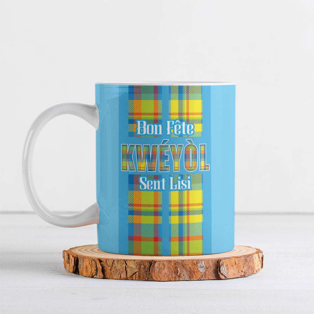 Personalized Bon Fete Kweyol Sent Lisi Ceramic Mug Saint Lucia Creole Day Madras Motifs Blue