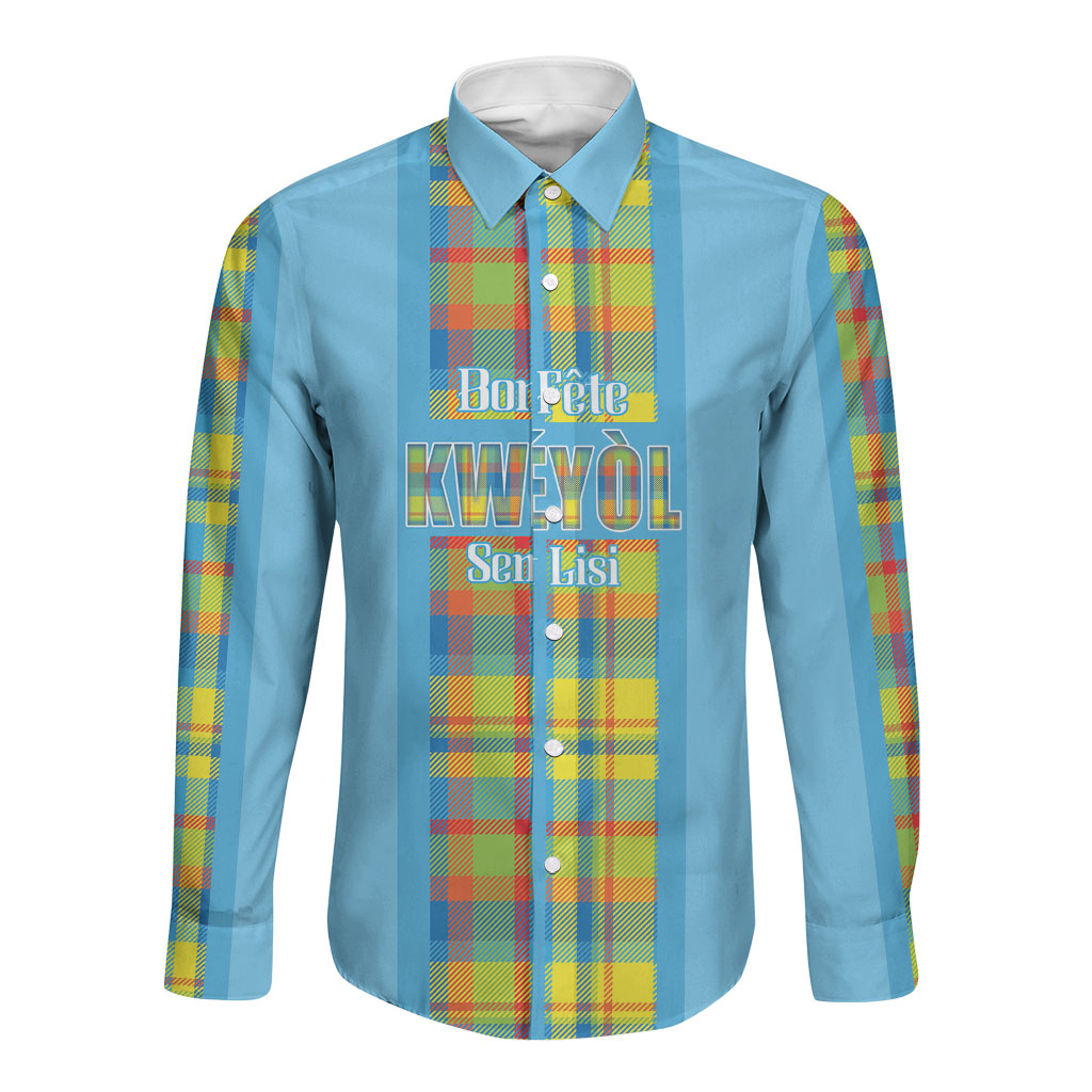 Personalized Bon Fete Kweyol Sent Lisi Long Sleeve Button Shirt Saint Lucia Creole Day Madras Motifs Blue