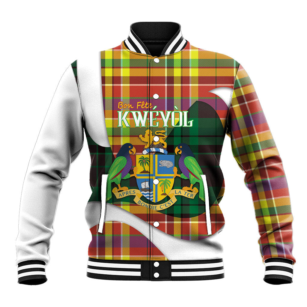 Personalized Bon Fete Kweyol Dominica Baseball Jacket Creole Day Coat Of Arms Madras Motifs