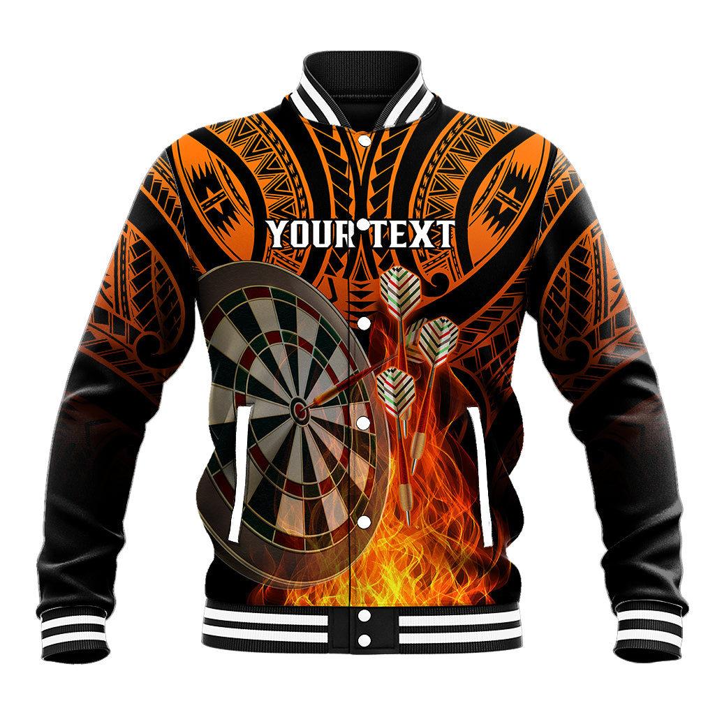 Orange and black varsity baseball jacket with button front, tribal dartboard art and flames
