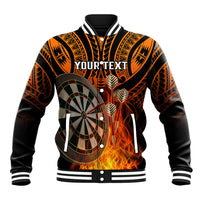 Orange and black varsity baseball jacket with button front, tribal dartboard art and flames