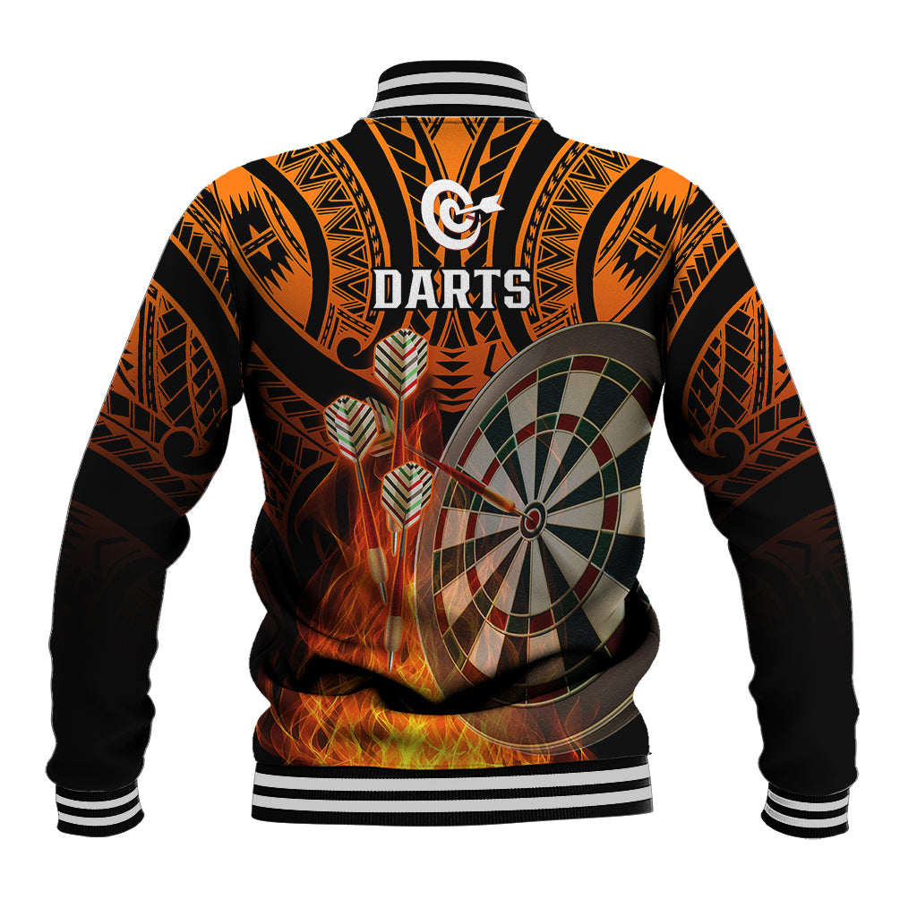 Orange and black baseball jacket, back view, striped trim, dartboard and flame tribal graphic