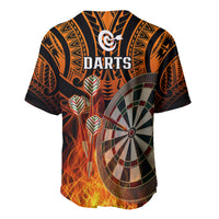 Orange and black darts baseball jersey with V-neck buttons, darts logo, dartboard and flames