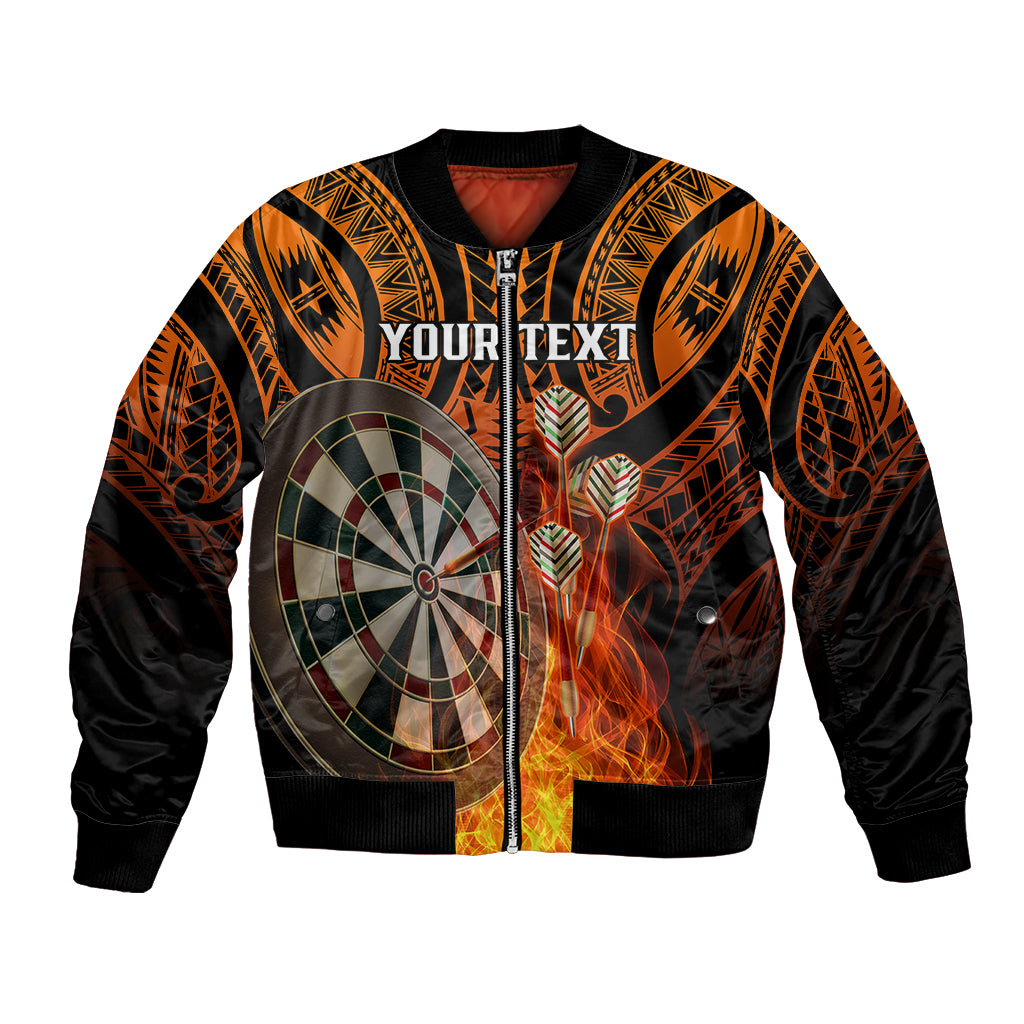 Unisex orange and black bomber jacket with tribal print, darts, and fiery flame graphic