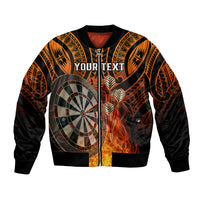 Unisex orange and black bomber jacket with tribal print, darts, and fiery flame graphic