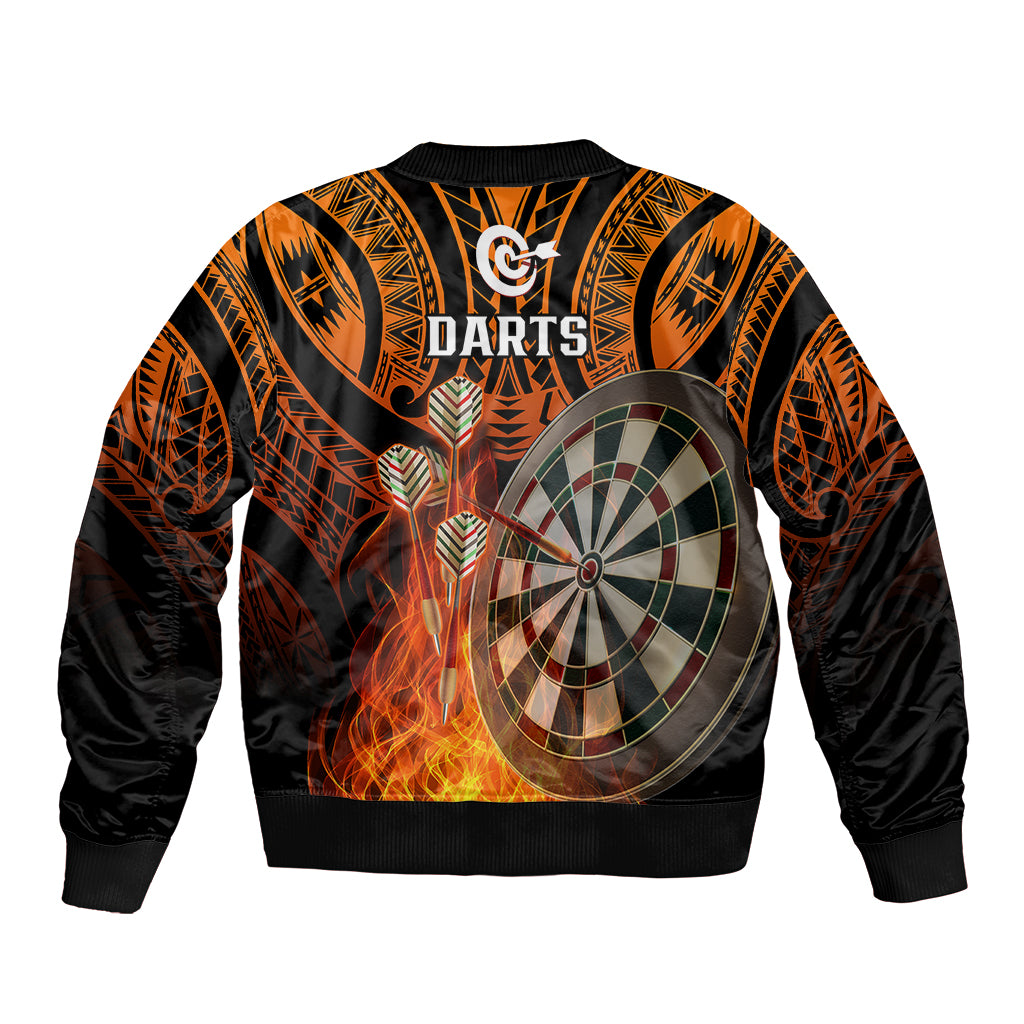 Unisex orange and black bomber jacket with darts emblem, dartboard, and flames