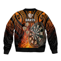 Unisex orange and black bomber jacket with darts emblem, dartboard, and flames