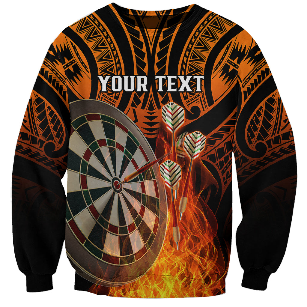 Unisex orange darts sweatshirt with tribal print, dartboard, burning flames, "YOUR TEXT"