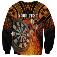 Unisex orange darts sweatshirt with tribal print, dartboard, burning flames, "YOUR TEXT"