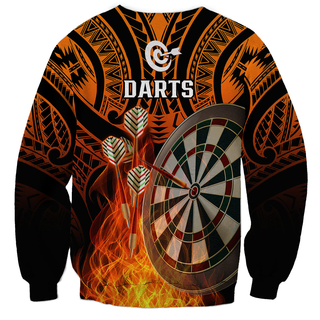 Unisex orange darts sweatshirt with tribal print, "DARTS" text, dartboard and flames