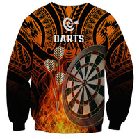Unisex orange darts sweatshirt with tribal print, "DARTS" text, dartboard and flames