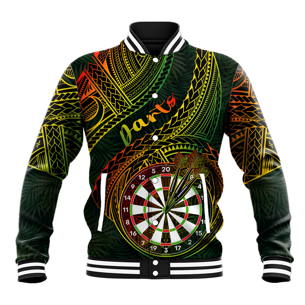 Unisex baseball jacket with green tribal dart graphic and striped collar cuffs