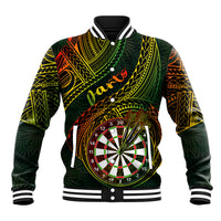 Unisex baseball jacket with green tribal dart graphic and striped collar cuffs