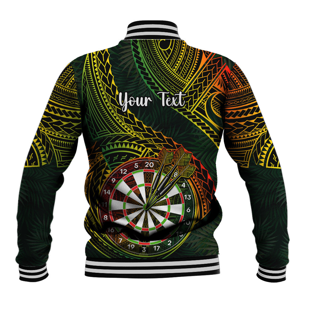 Unisex baseball jacket back with green tribal dart graphic and "Your Text" print